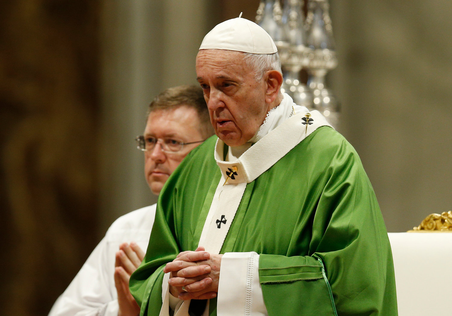 Pope Francis celebrates a Mass marking World Day of the Poor in St. Peter’s Basilica at the Vatican Nov. 17, 2019. After the Mass the Pope at lunch with hundreds of poor people.